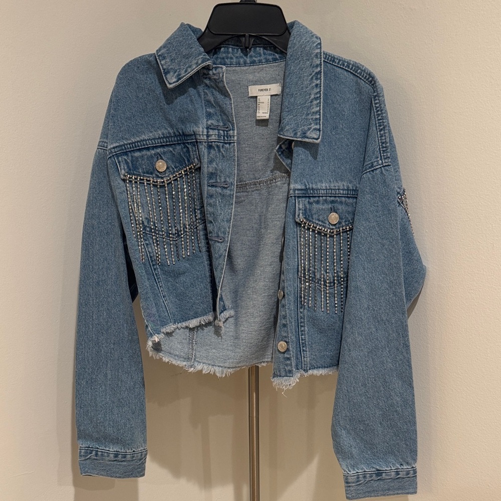 Denim Cropped Jacket with Fringe crystal  Detail